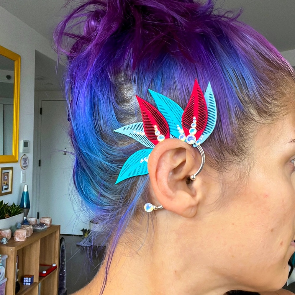 Red and blue Faux feather leaf ear cuff ear wire wrap with rhinestones
